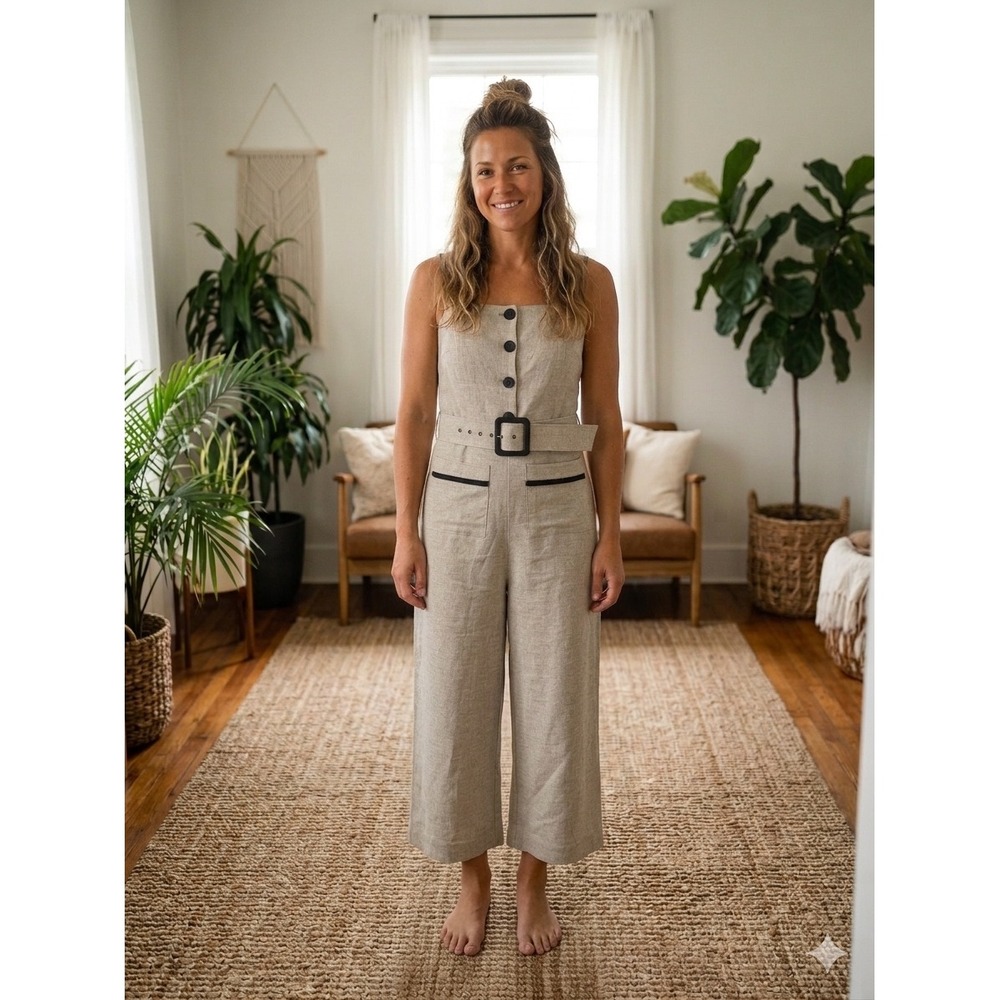 Staud Lampone Jumpsuit Natural Black Linen Belted Wide Leg Size 4 NEW